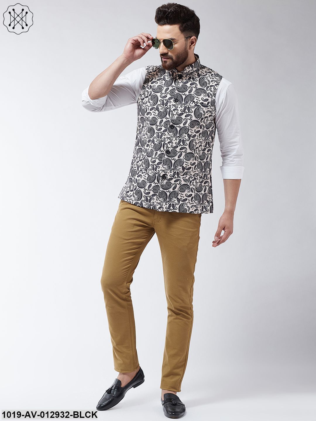 Men's Cotton Blend Black & Beige Printed Nehru Jacket