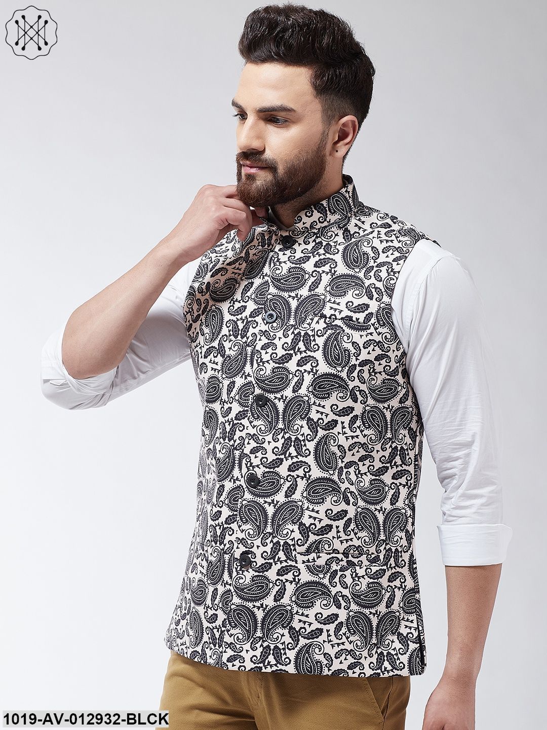Men's Cotton Blend Black & Beige Printed Nehru Jacket
