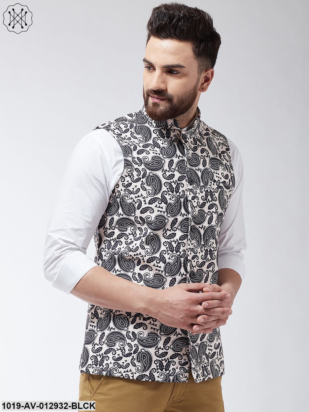 Men's Cotton Blend Black & Beige Printed Nehru Jacket