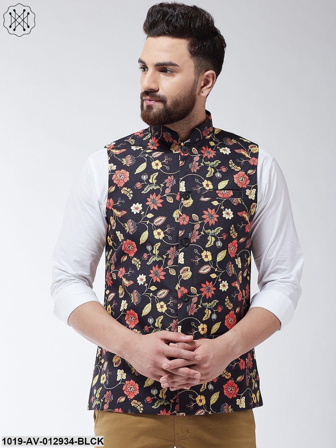 Men's Cotton Blend Black & Multi Printed Nehru Jacket