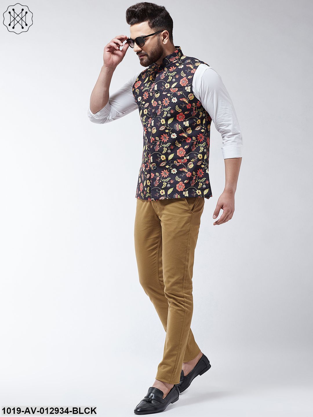 Men's Cotton Blend Black & Multi Printed Nehru Jacket