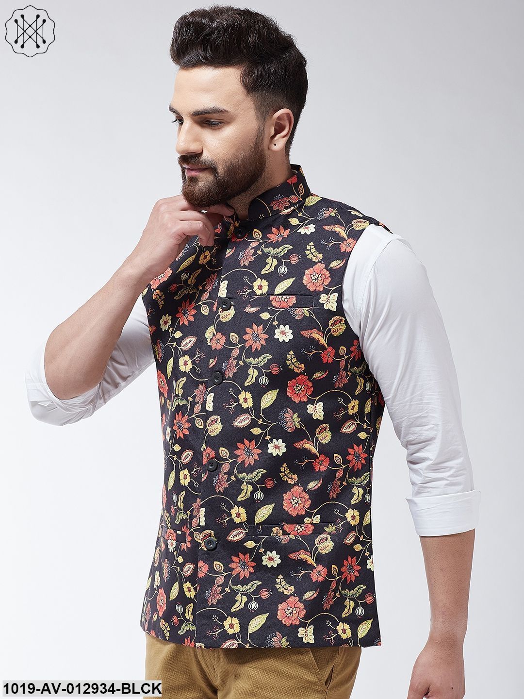 Men's Cotton Blend Black & Multi Printed Nehru Jacket