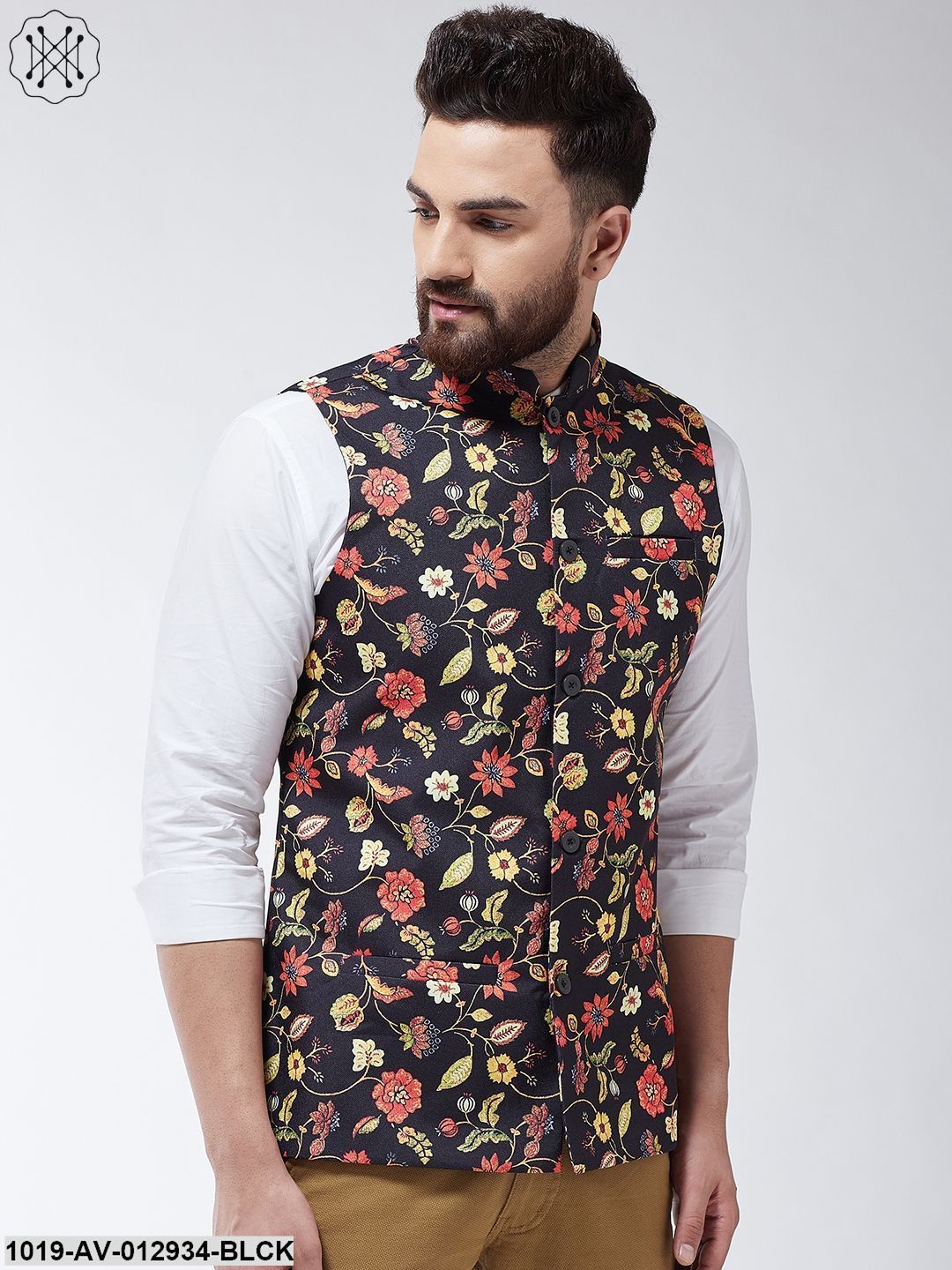 Men's Cotton Blend Black & Multi Printed Nehru Jacket