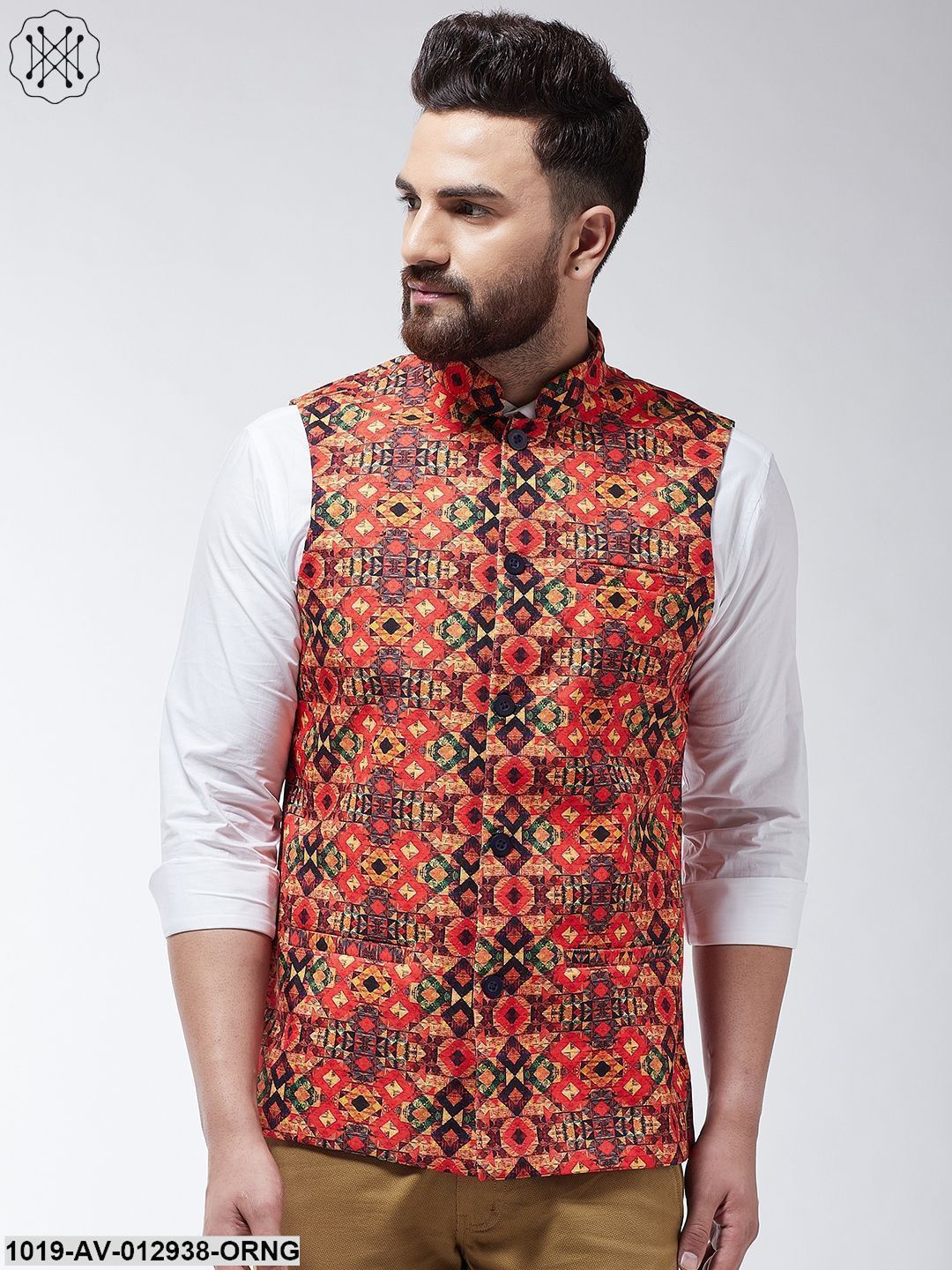 Men's Cotton Blend Orange & Multi Printed Nehru Jacket