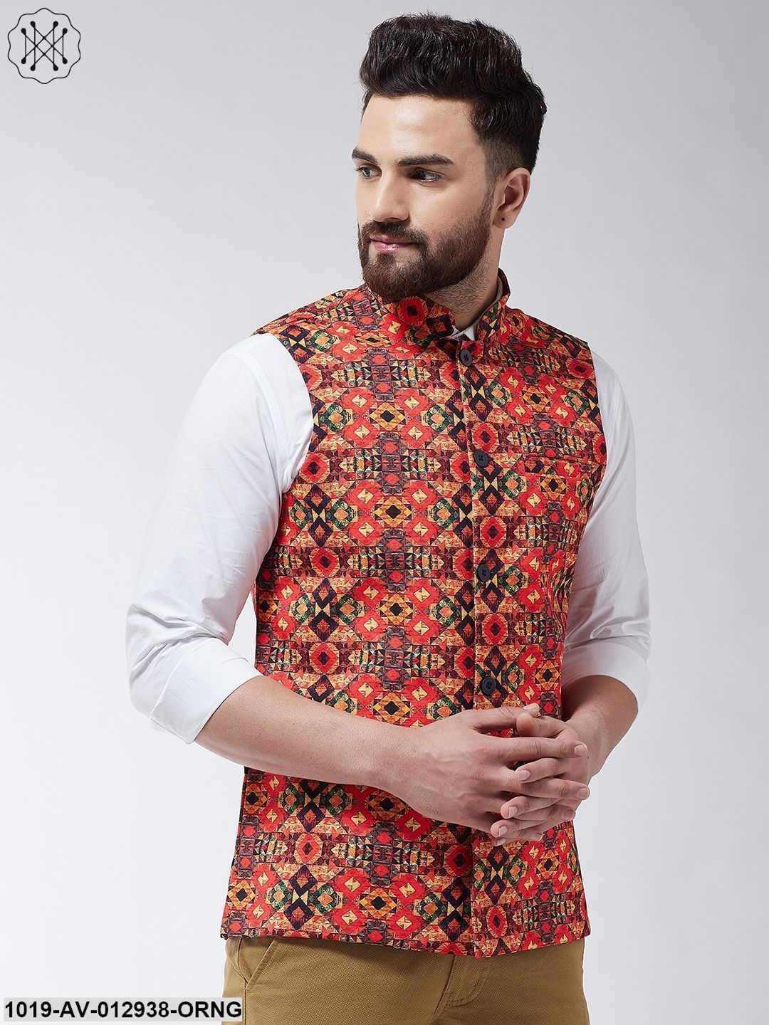 Men's Cotton Blend Orange & Multi Printed Nehru Jacket