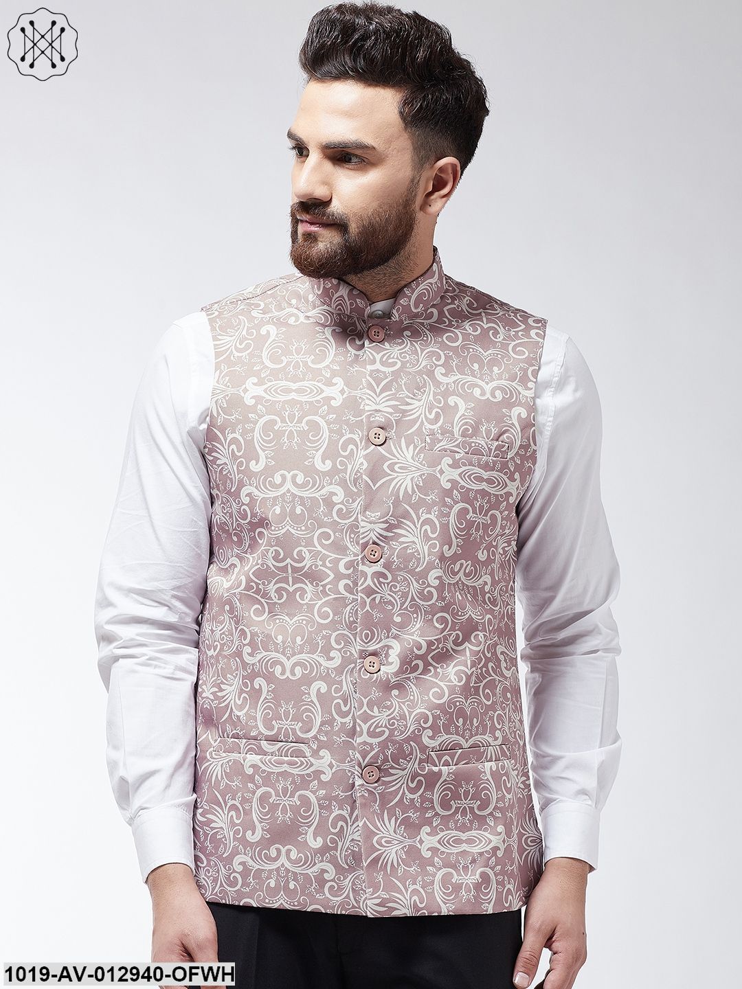 Men's Cotton Blend Lavender & Off White Printed Nehru Jacket