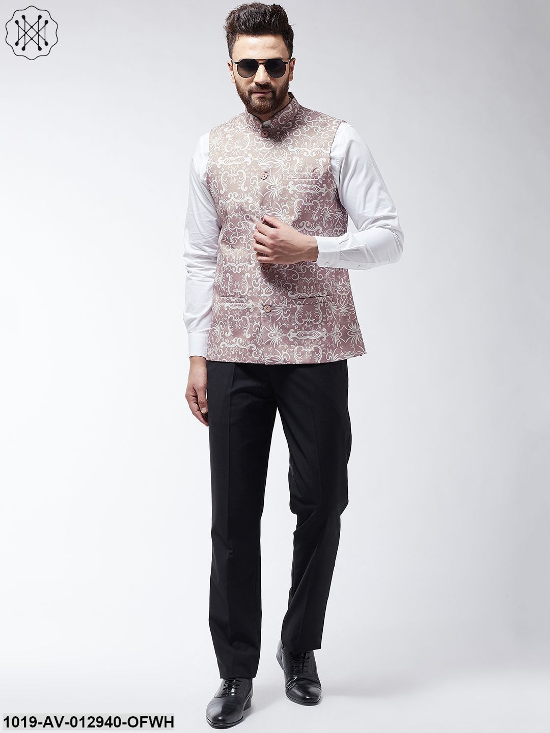Men's Cotton Blend Lavender & Off White Printed Nehru Jacket