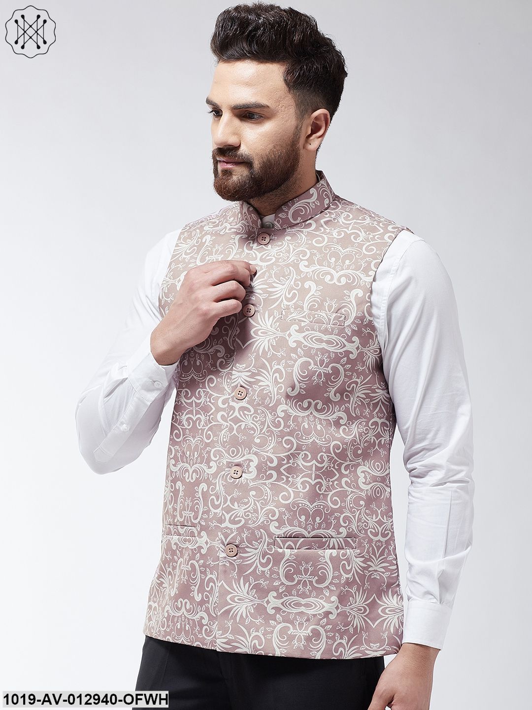 Men's Cotton Blend Lavender & Off White Printed Nehru Jacket