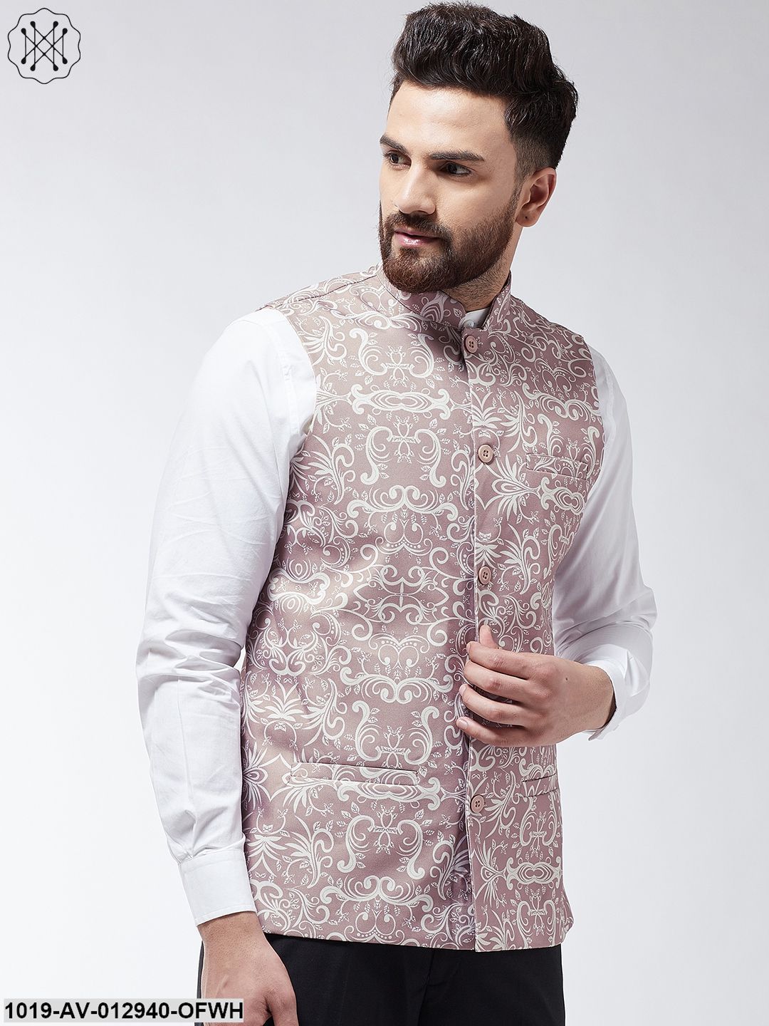 Men's Cotton Blend Lavender & Off White Printed Nehru Jacket