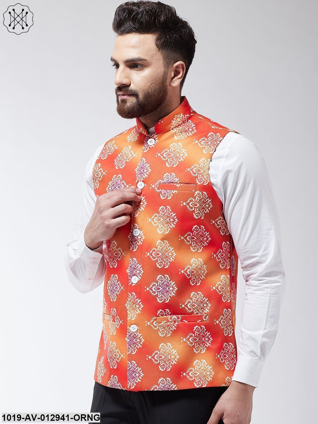 Men's Cotton Blend Orange & Off White Printed Nehru Jacket - Sojanya