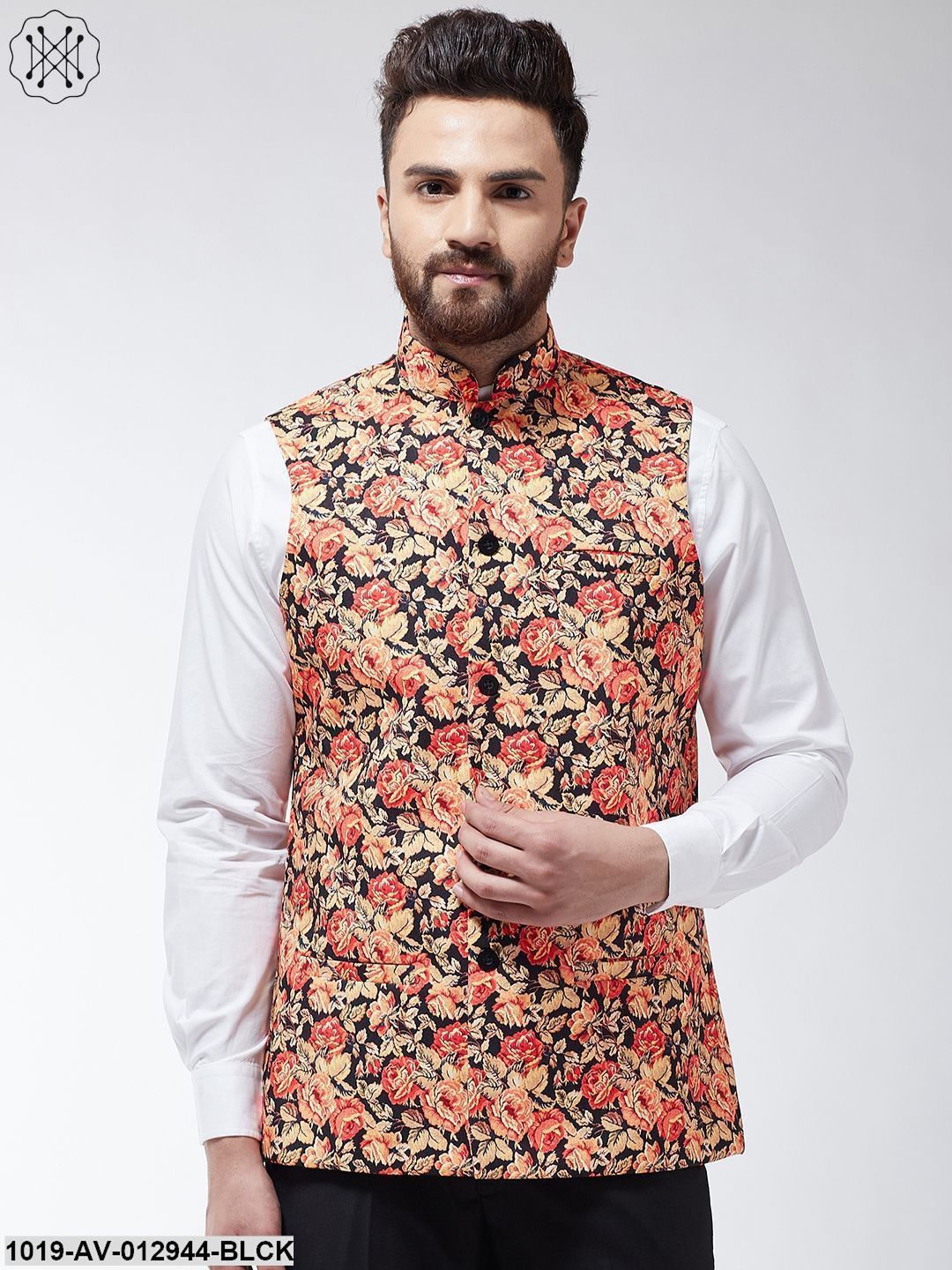 Men's Cotton Blend Black & Multi Printed Nehru Jacket
