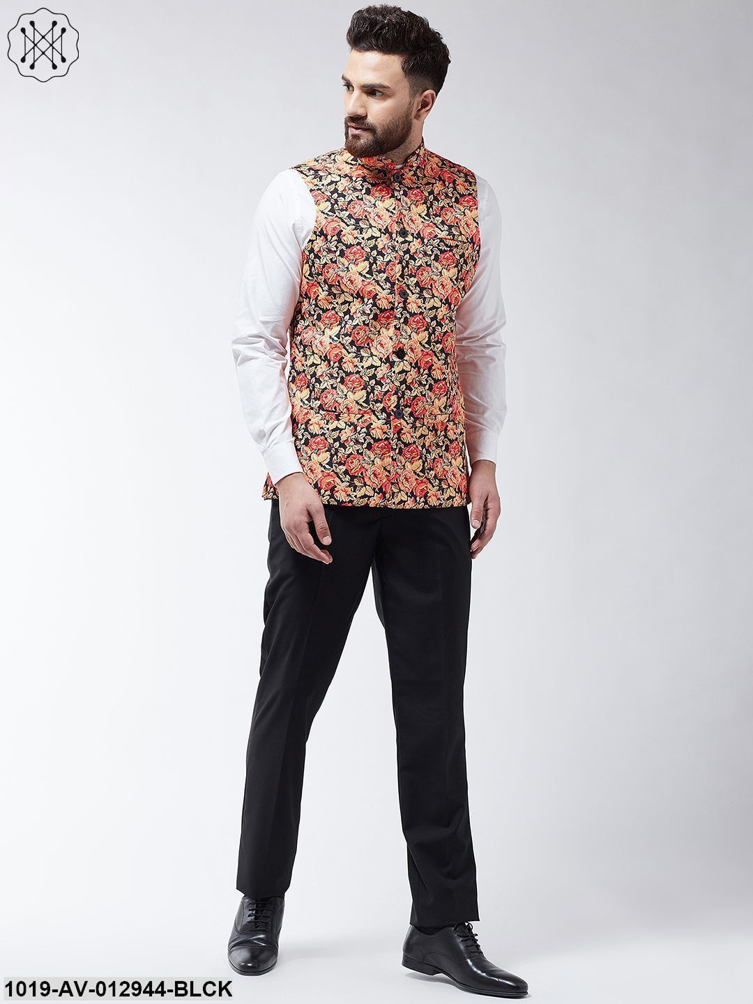 Men's Cotton Blend Black & Multi Printed Nehru Jacket
