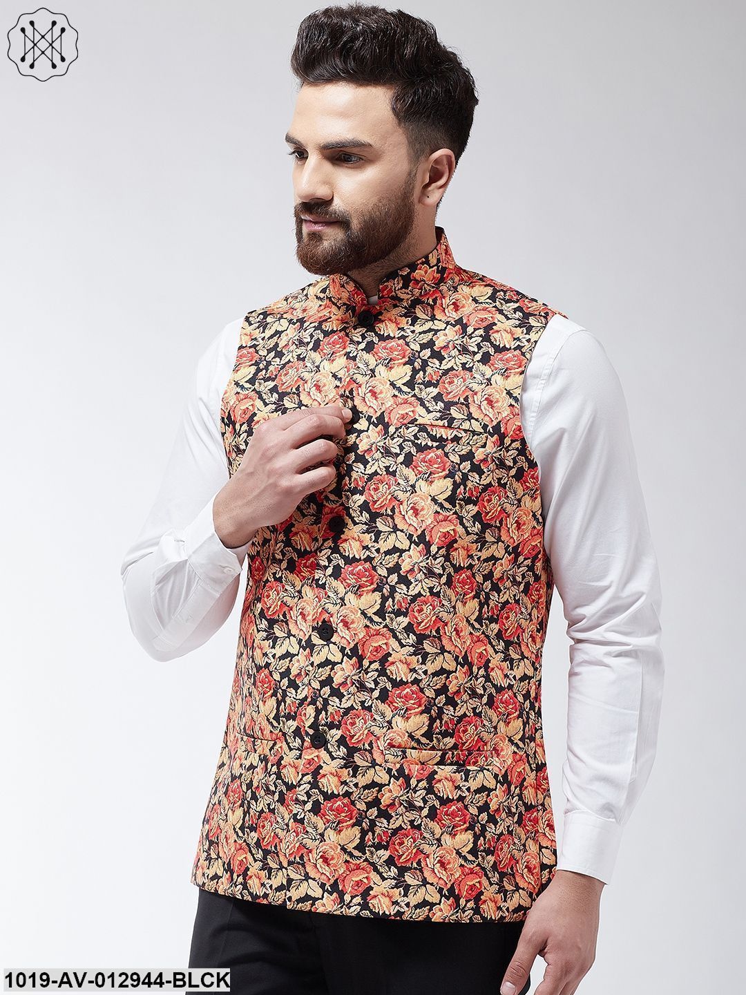 Men's Cotton Blend Black & Multi Printed Nehru Jacket