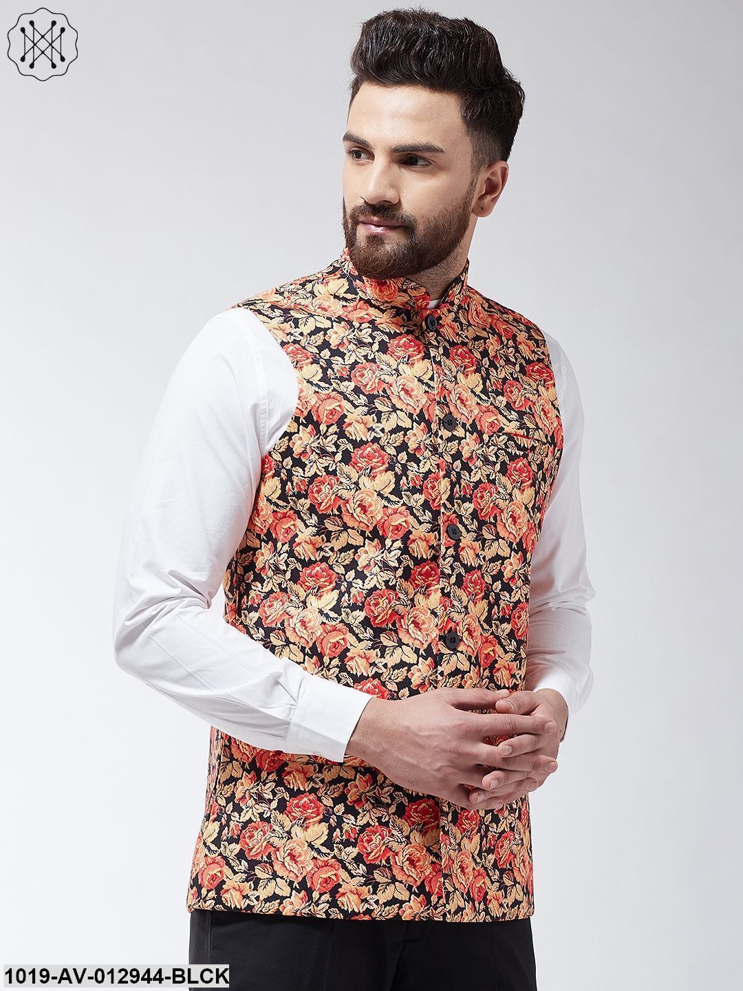 Men's Cotton Blend Black & Multi Printed Nehru Jacket