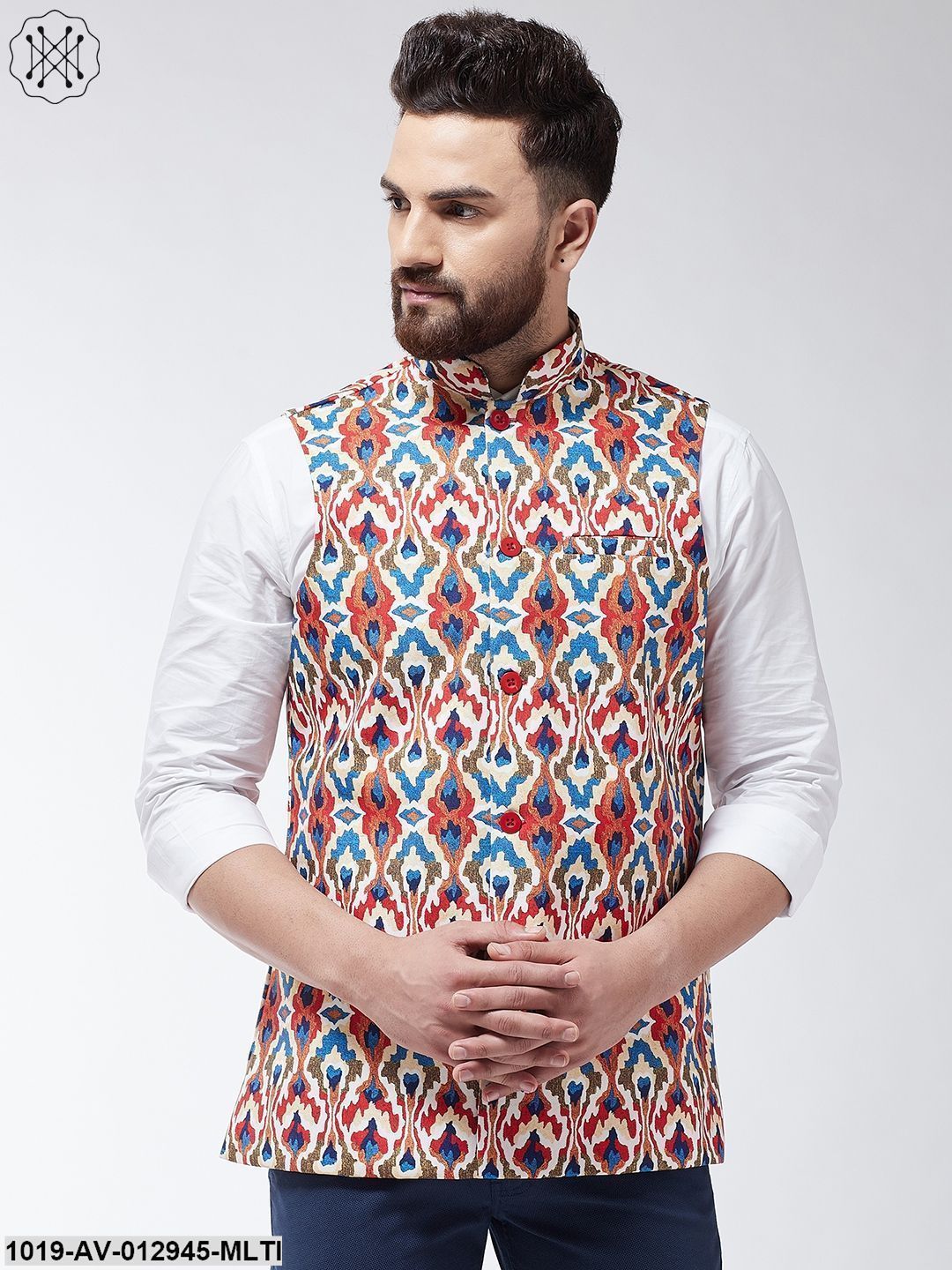 Men's Cotton Blend Multicolored Printed Nehru Jacket