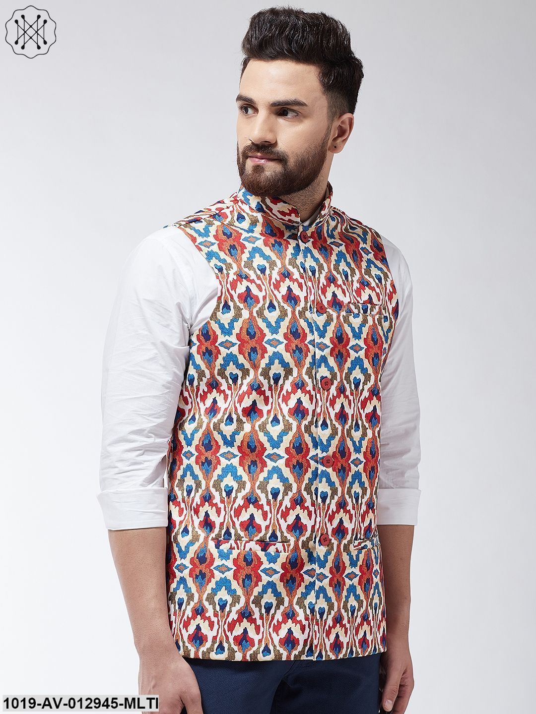Men's Cotton Blend Multicolored Printed Nehru Jacket