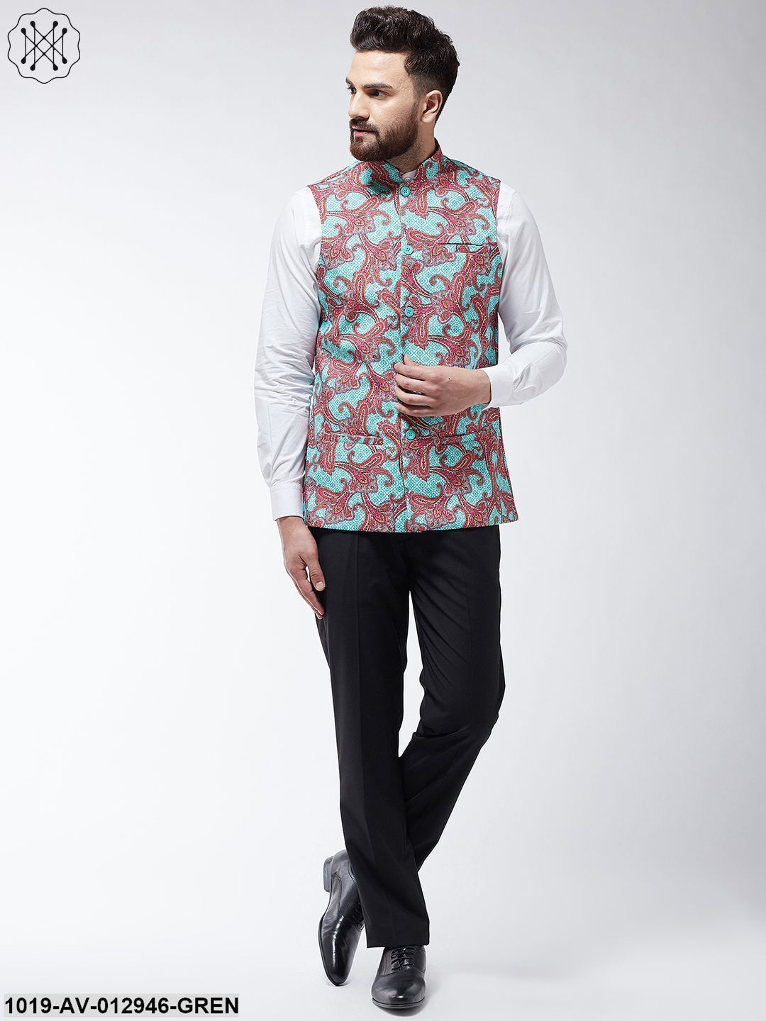 Men's Cotton Blend Sea Green & Multi Printed Nehru Jacket - Sojanya