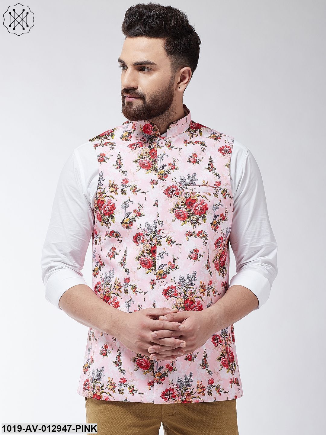 Men's Cotton Blend Pink & Multi Printed Nehru Jacket