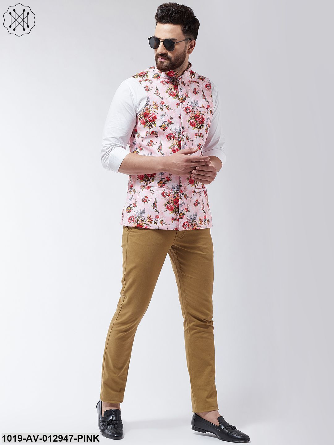 Men's Cotton Blend Pink & Multi Printed Nehru Jacket