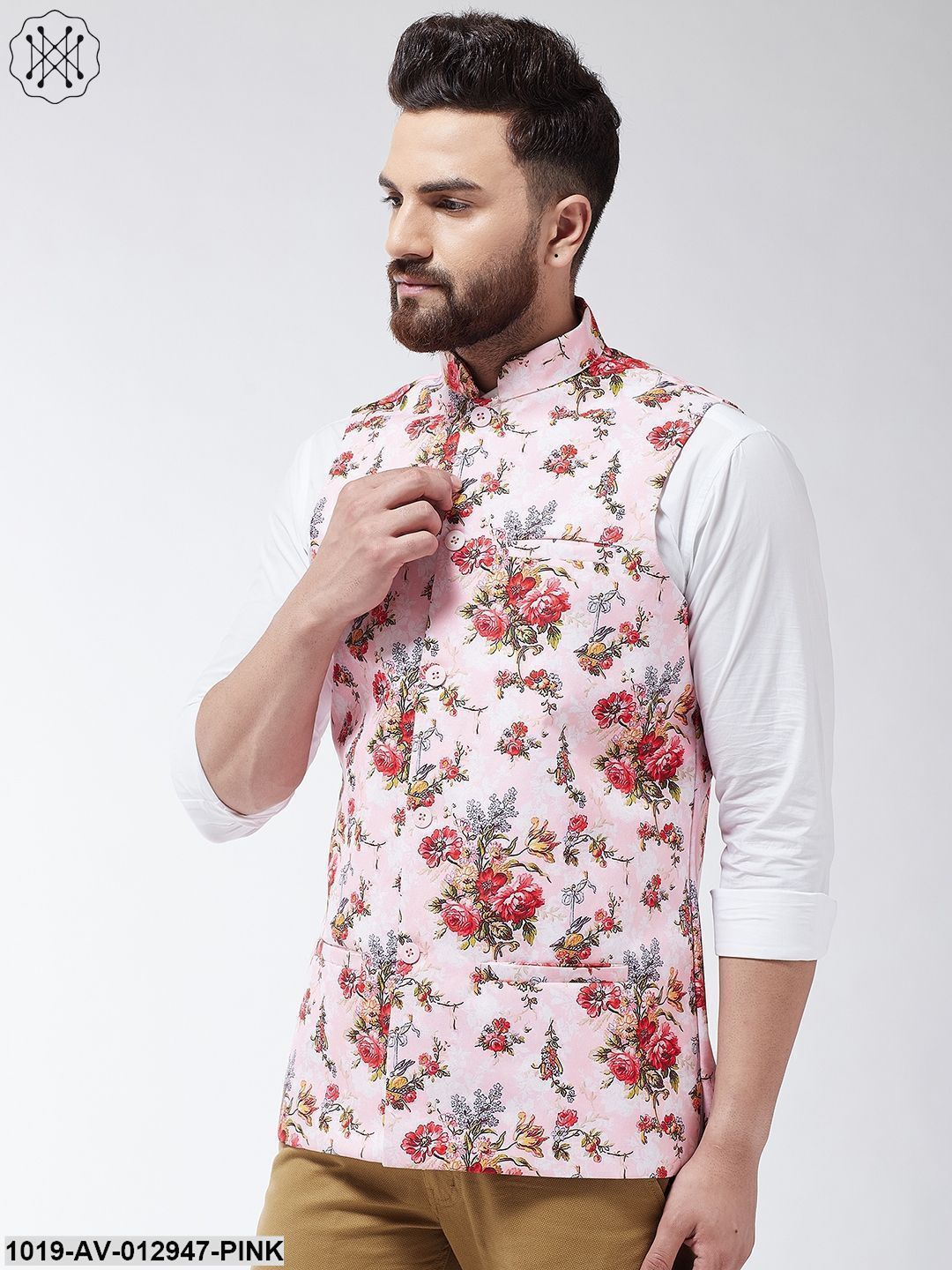 Men's Cotton Blend Pink & Multi Printed Nehru Jacket