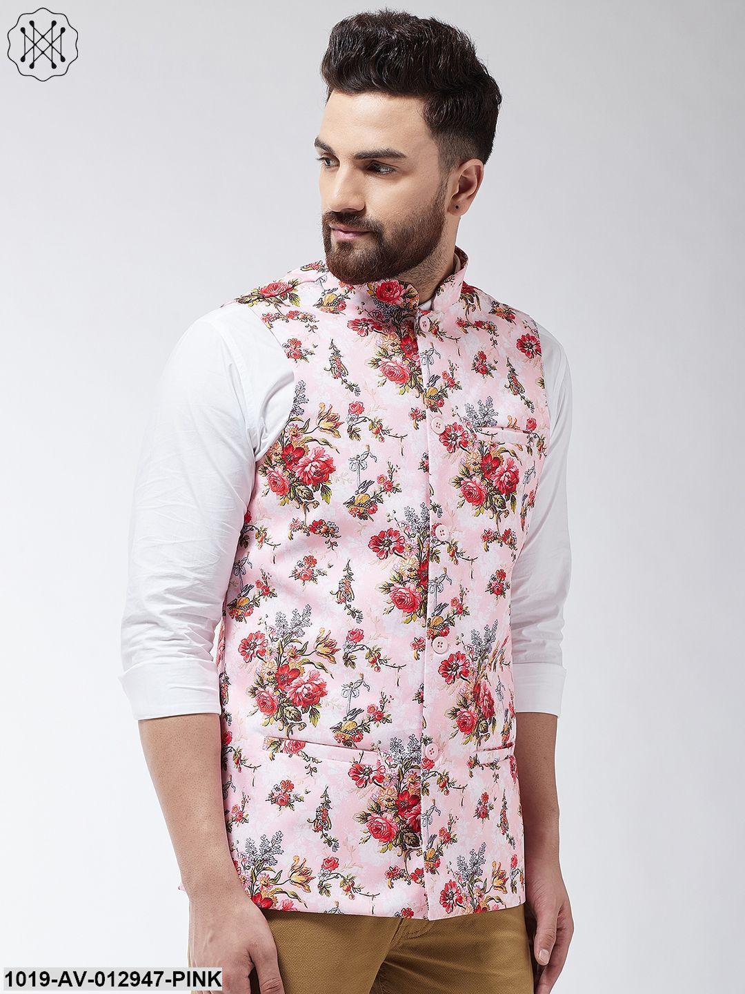 Men's Cotton Blend Pink & Multi Printed Nehru Jacket