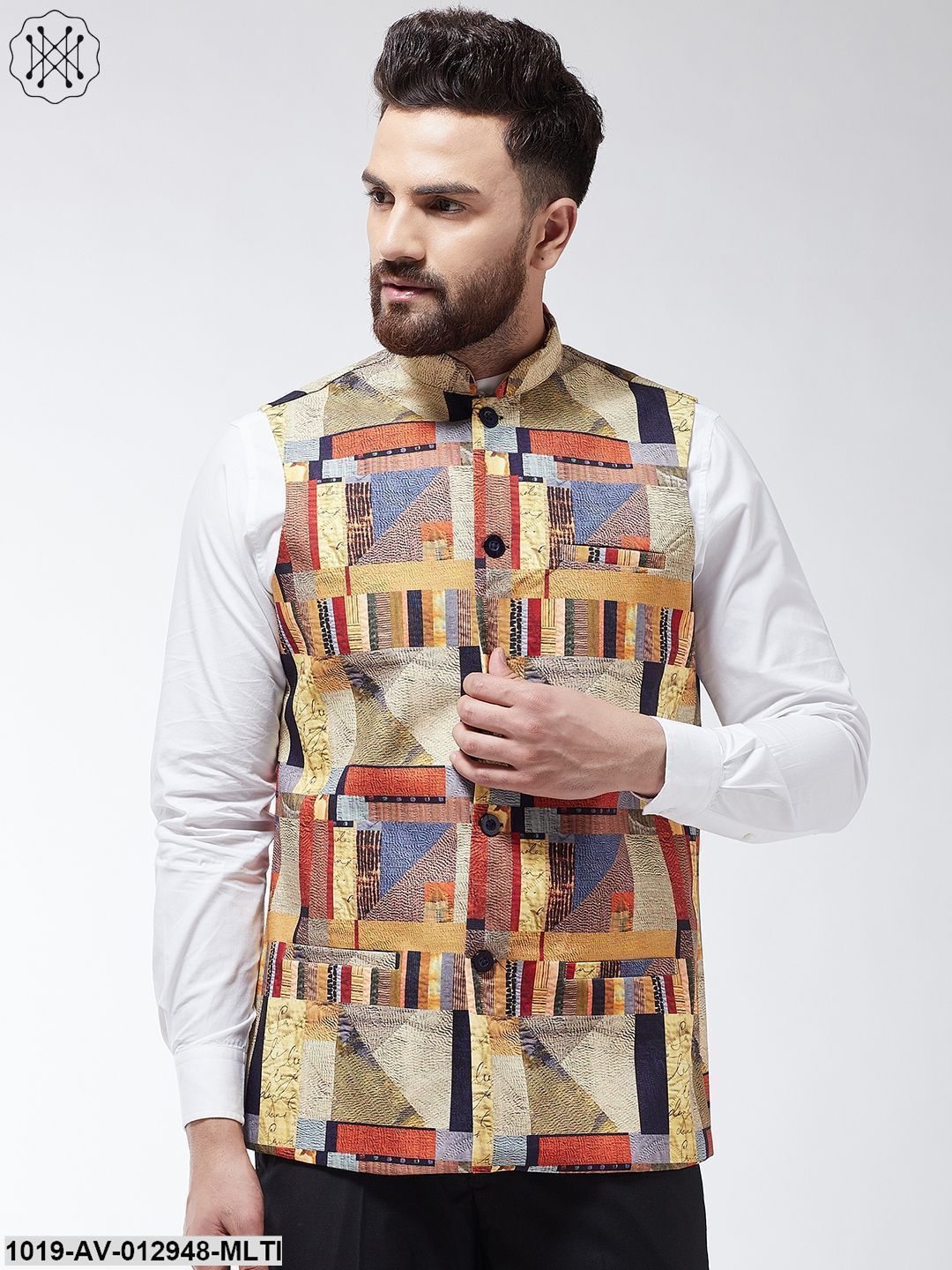 Men's Cotton Blend Multicolored Printed Nehru Jacket