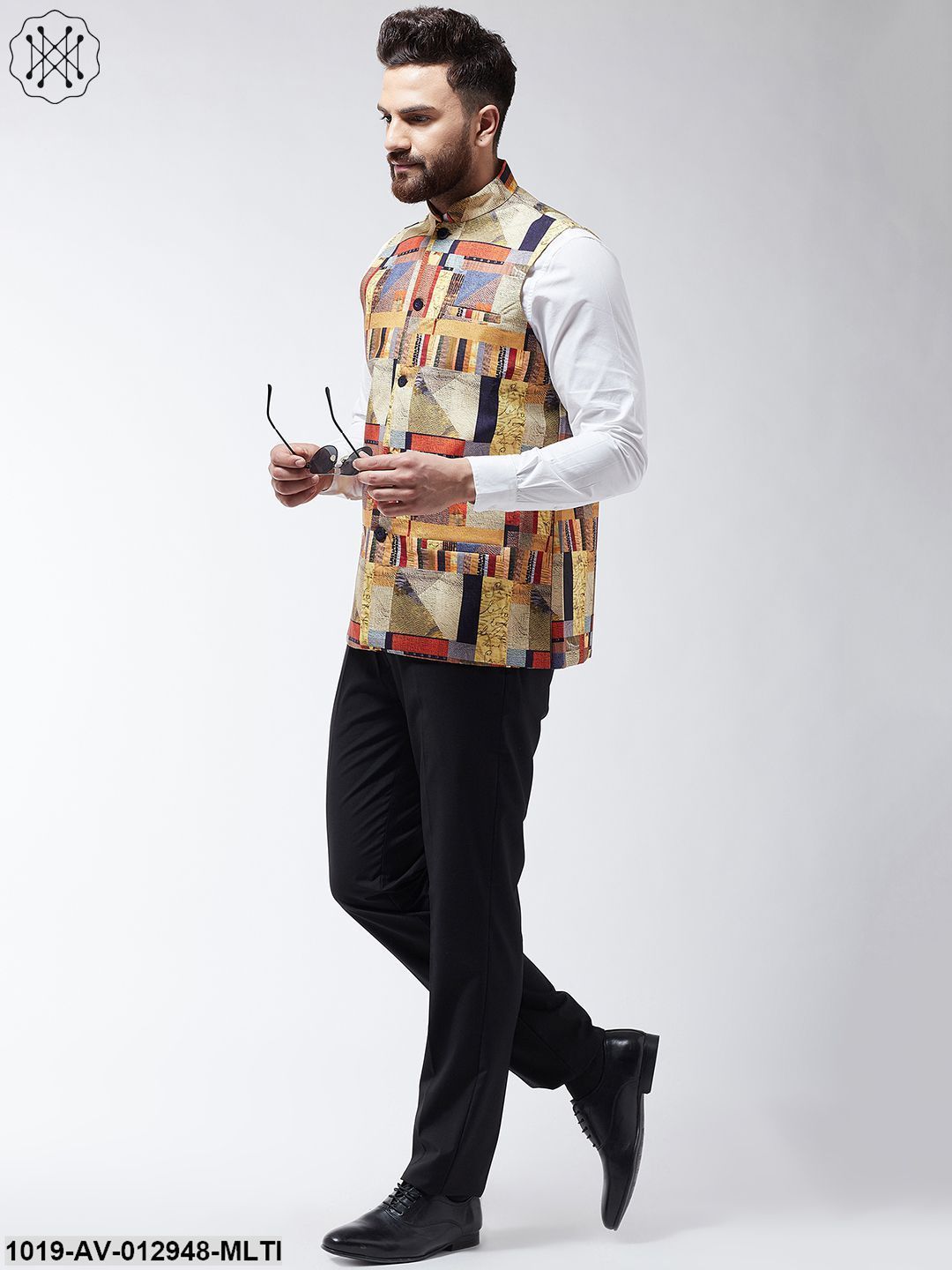 Men's Cotton Blend Multicolored Printed Nehru Jacket