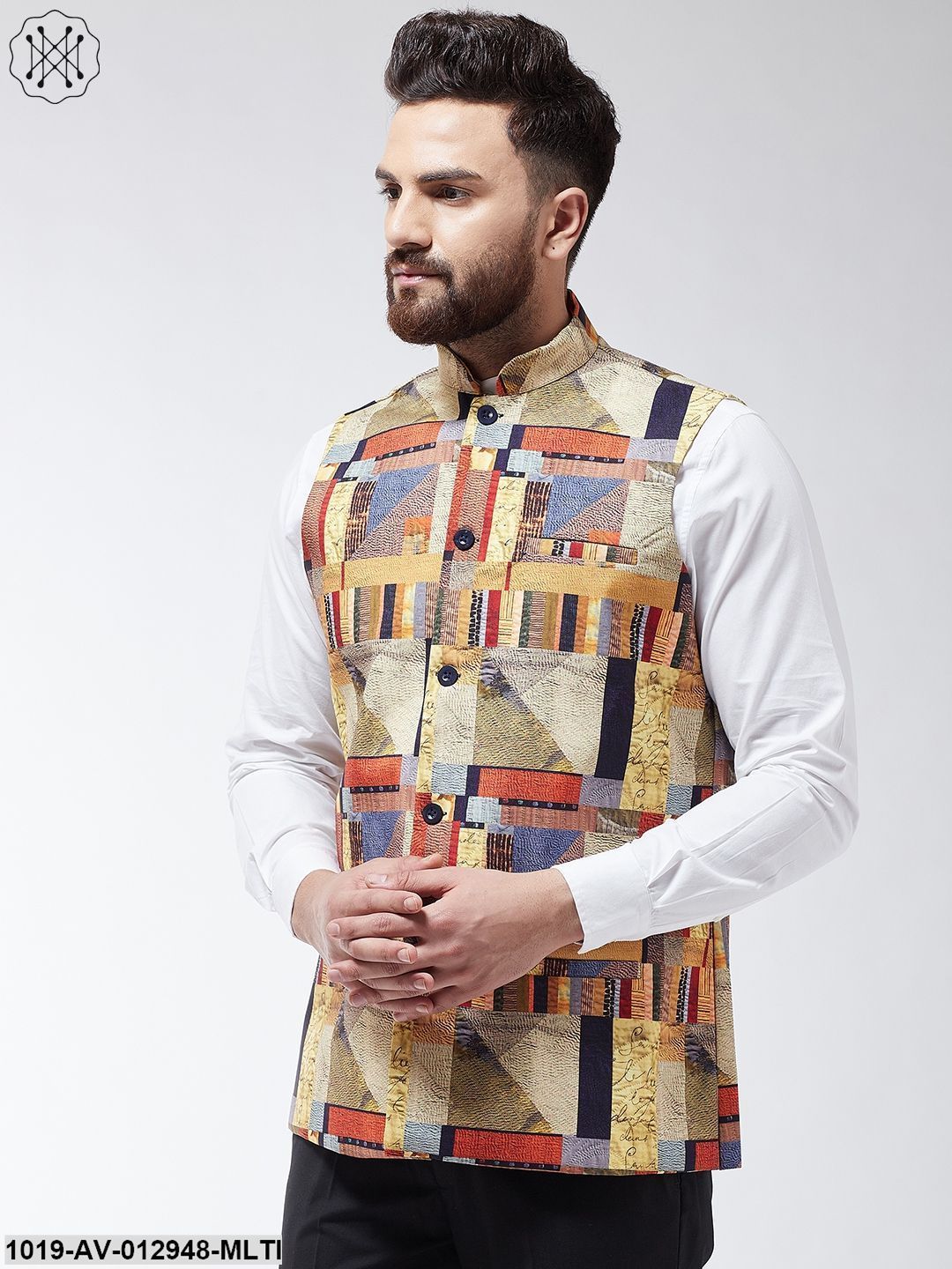 Men's Cotton Blend Multicolored Printed Nehru Jacket