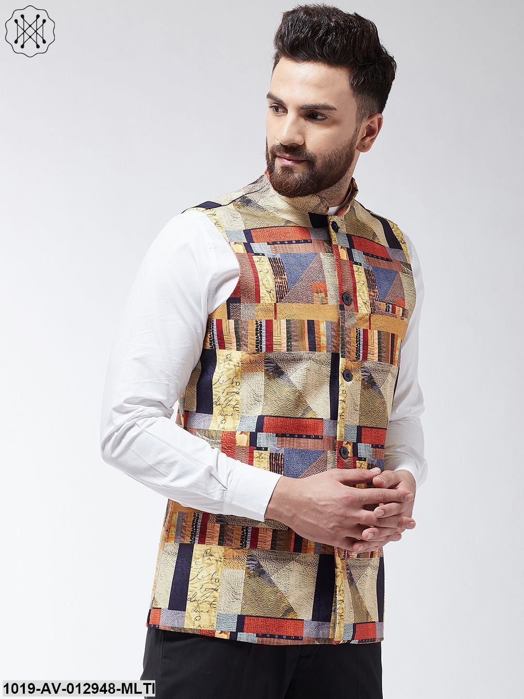 Men's Cotton Blend Multicolored Printed Nehru Jacket