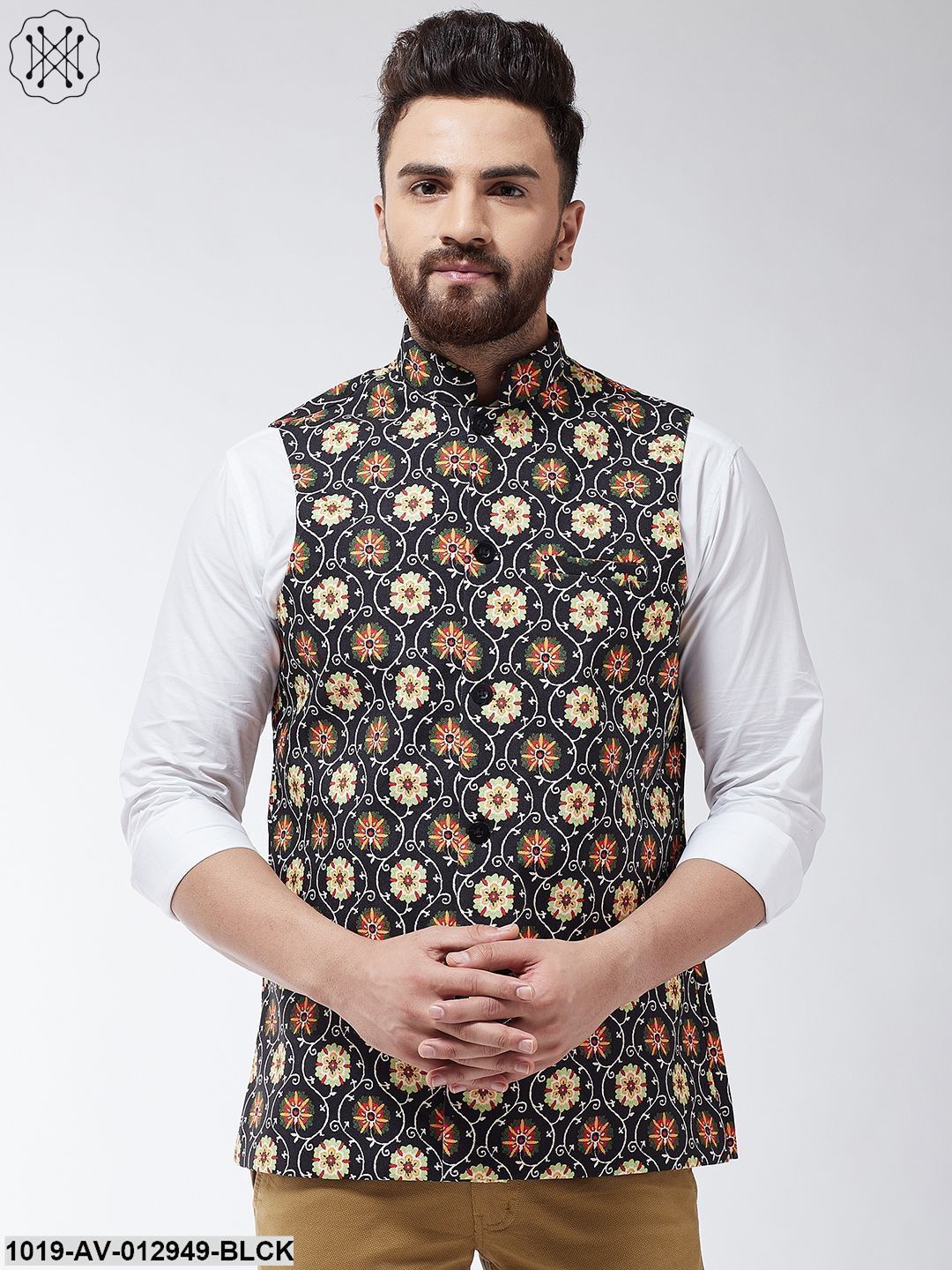 Men's Cotton Blend Black & Multi Printed Nehru Jacket