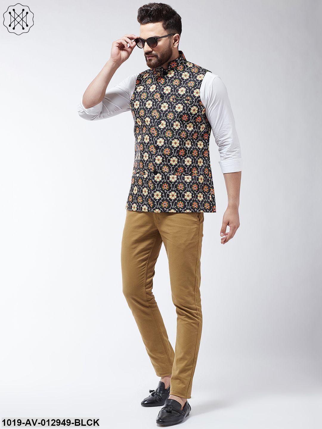 Men's Cotton Blend Black & Multi Printed Nehru Jacket