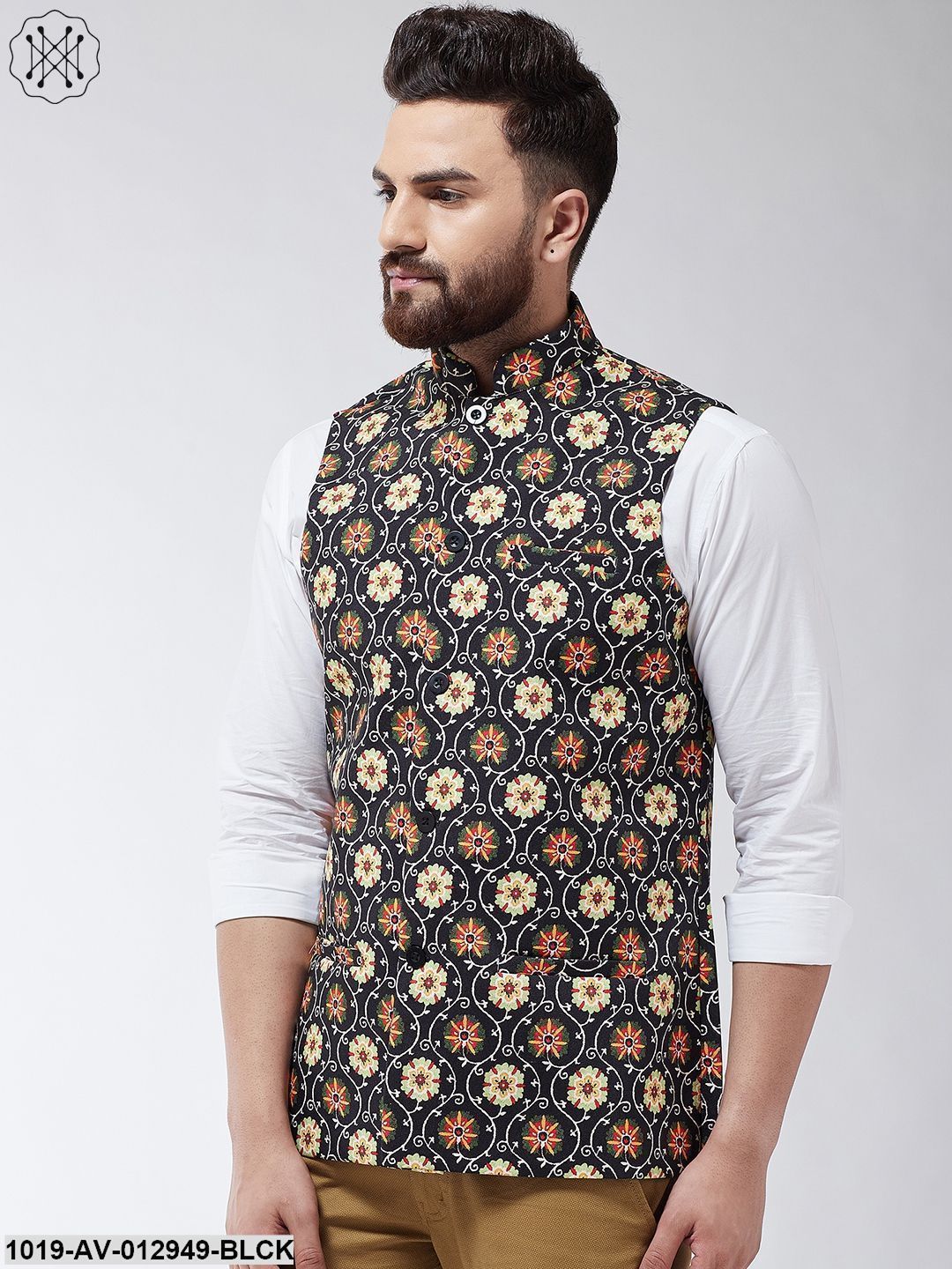 Men's Cotton Blend Black & Multi Printed Nehru Jacket