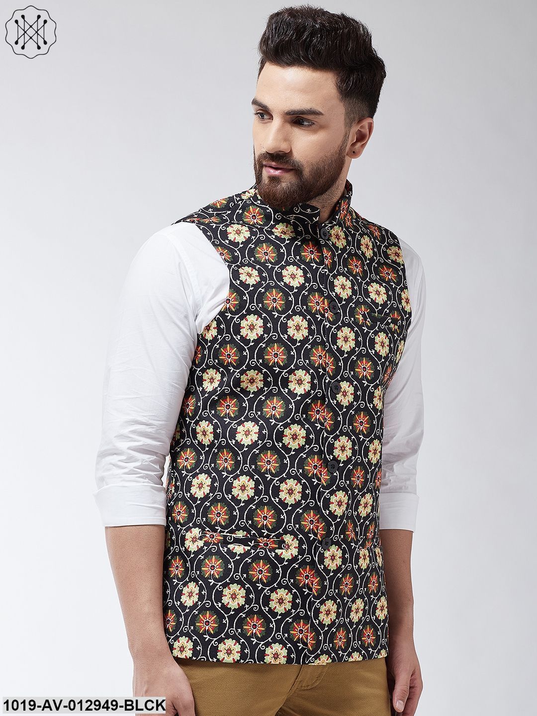 Men's Cotton Blend Black & Multi Printed Nehru Jacket