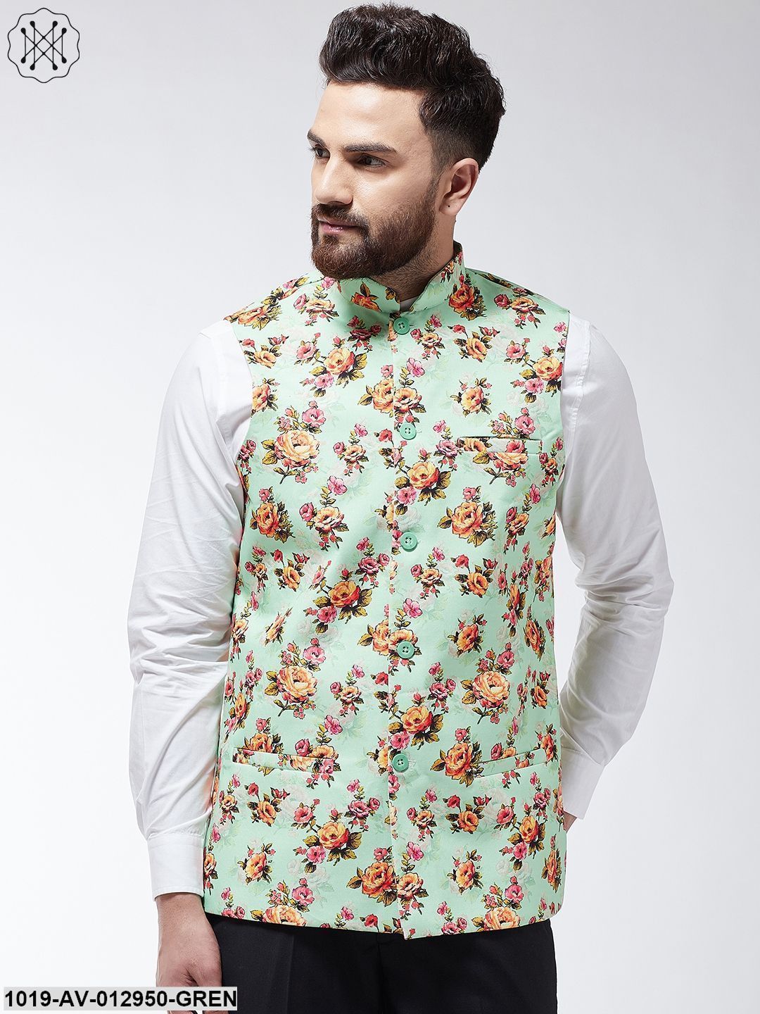Men's Cotton Blend Green & Multi Printed Nehru Jacket