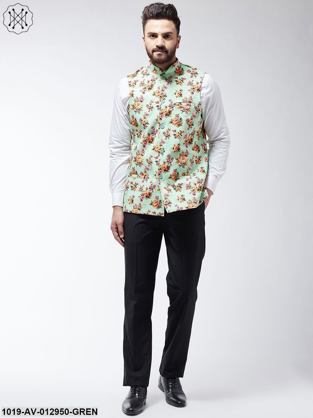 Men's Cotton Blend Green & Multi Printed Nehru Jacket