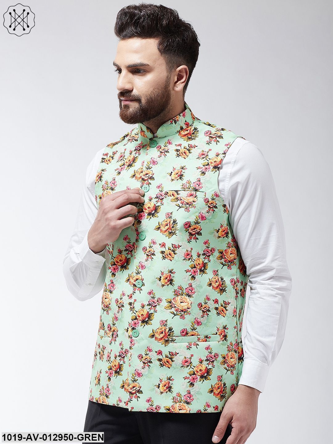 Men's Cotton Blend Green & Multi Printed Nehru Jacket
