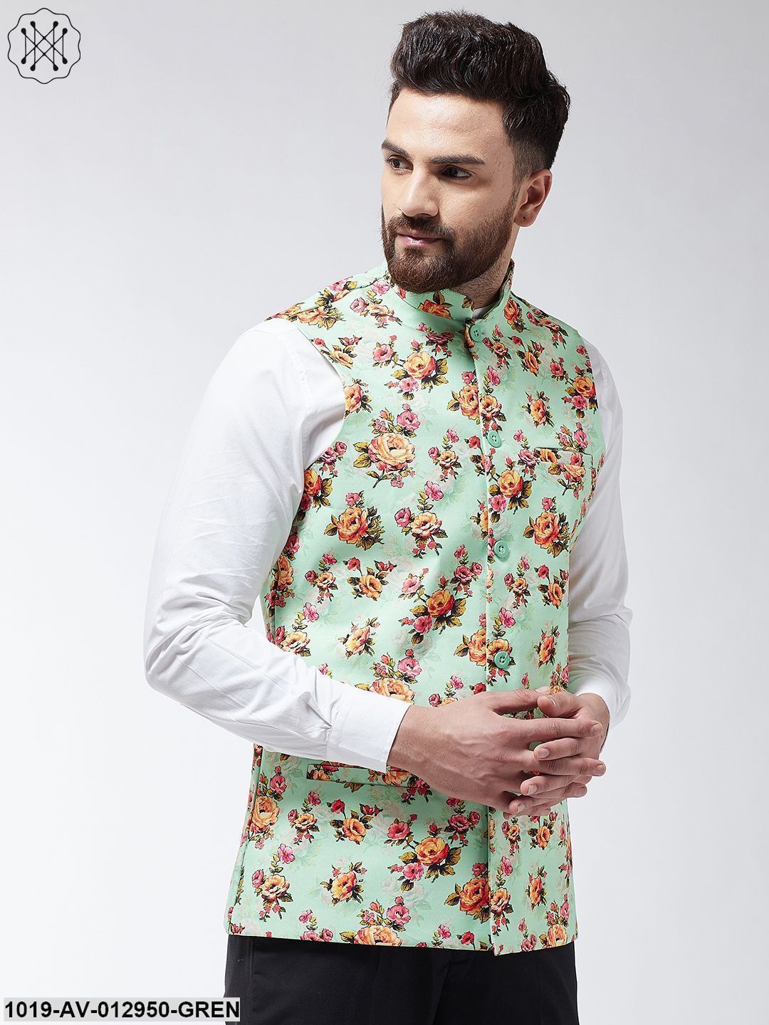 Men's Cotton Blend Green & Multi Printed Nehru Jacket