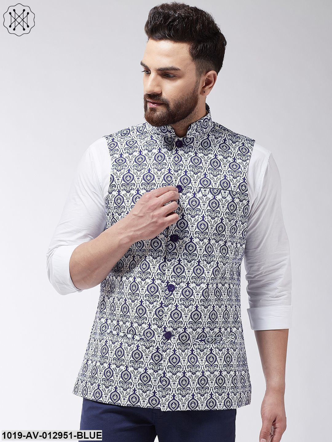 Men's Cotton Blend Royal Blue & Red Printed Nehru Jacket