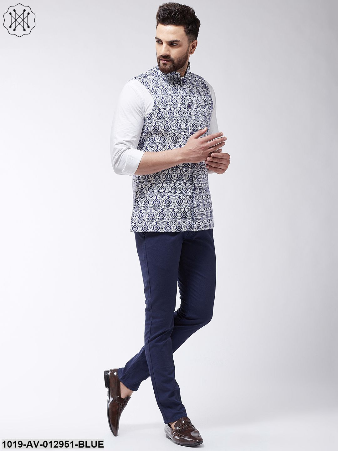 Men's Cotton Blend Royal Blue & Red Printed Nehru Jacket