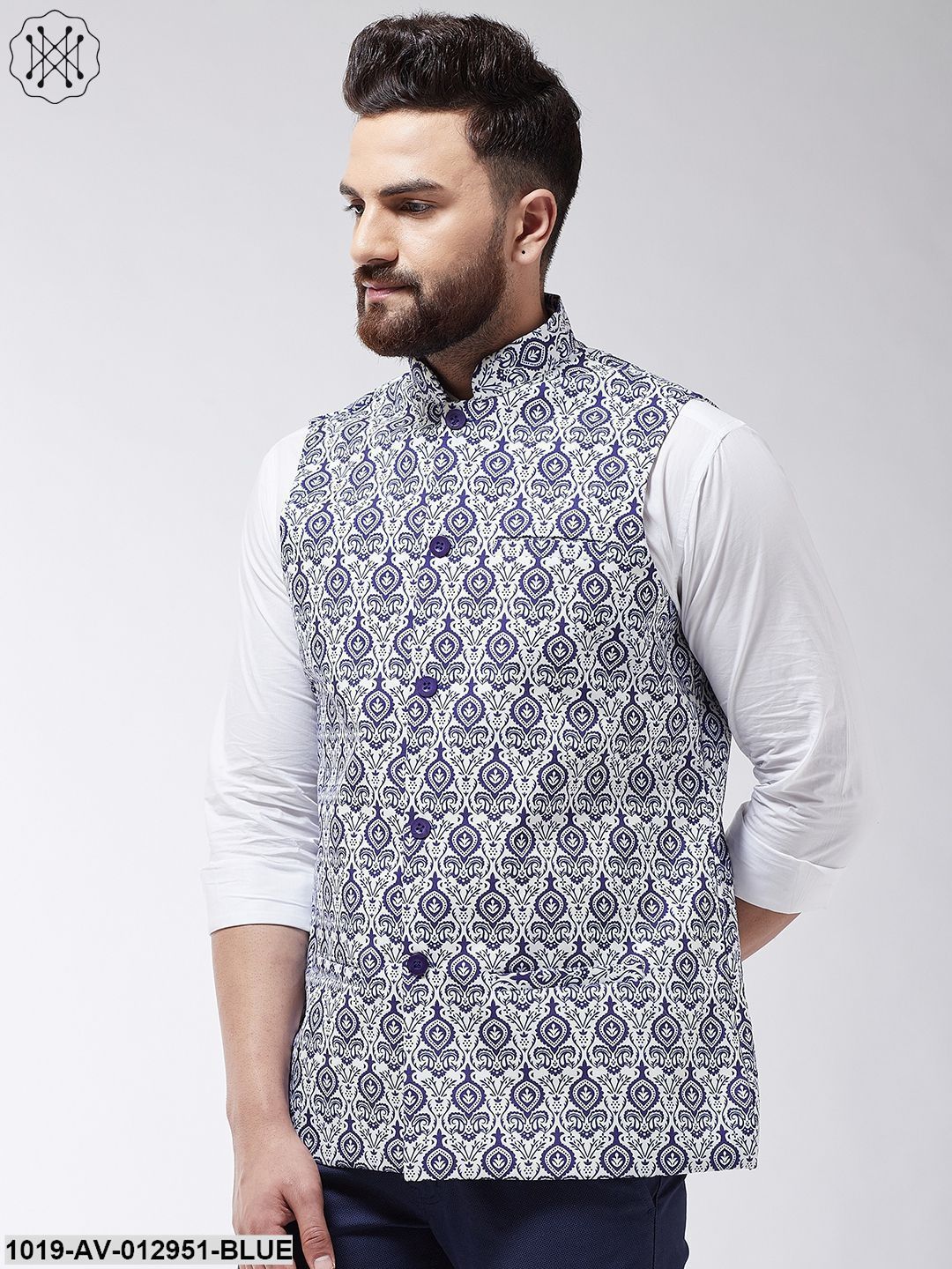 Men's Cotton Blend Royal Blue & Red Printed Nehru Jacket