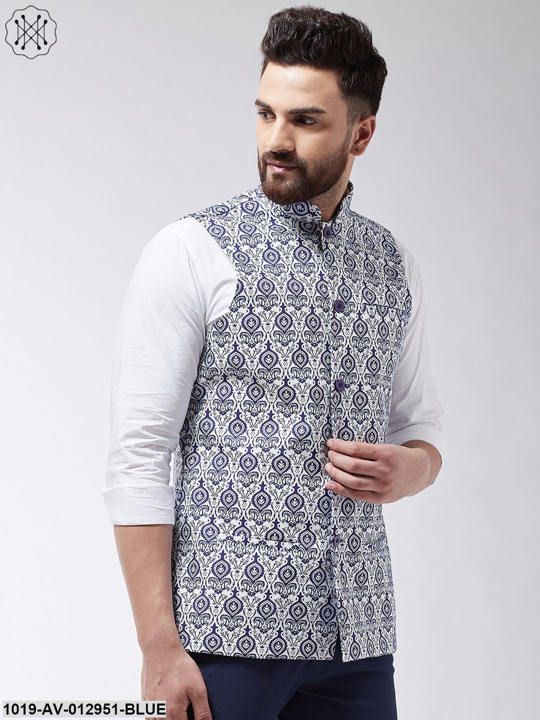 Men's Cotton Blend Royal Blue & Red Printed Nehru Jacket