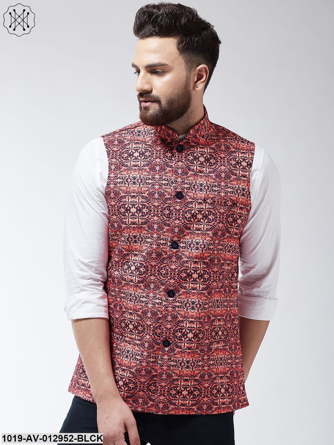 Men's Cotton Blend Black & Coral Printed Nehru Jacket