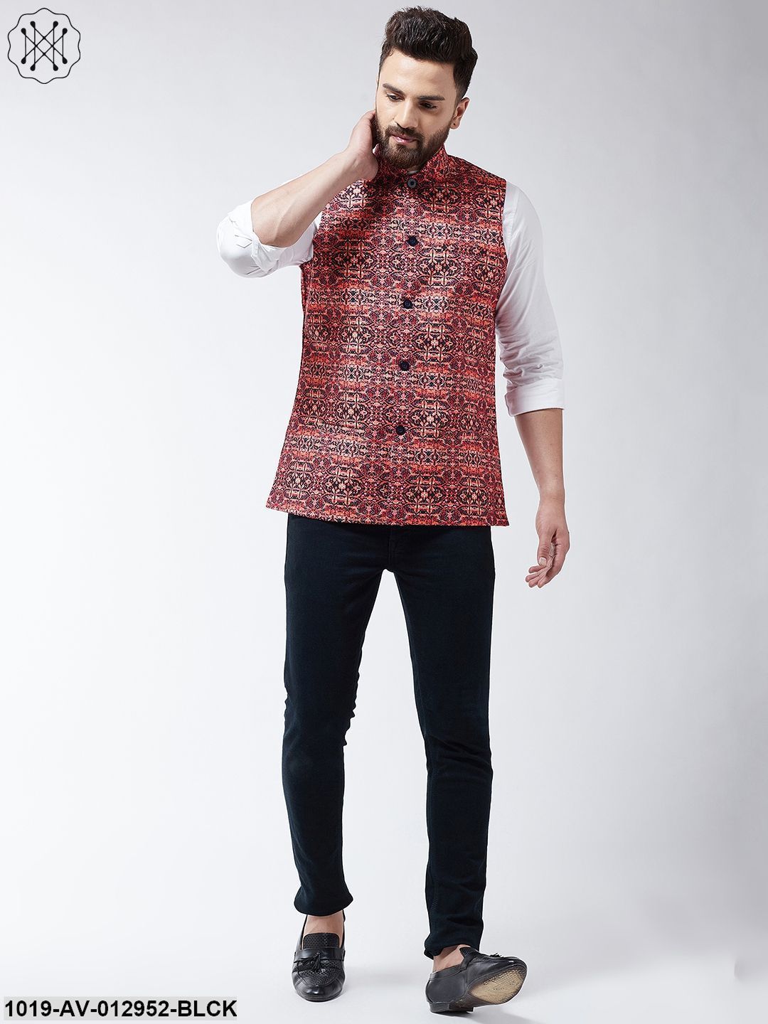 Men's Cotton Blend Black & Coral Printed Nehru Jacket
