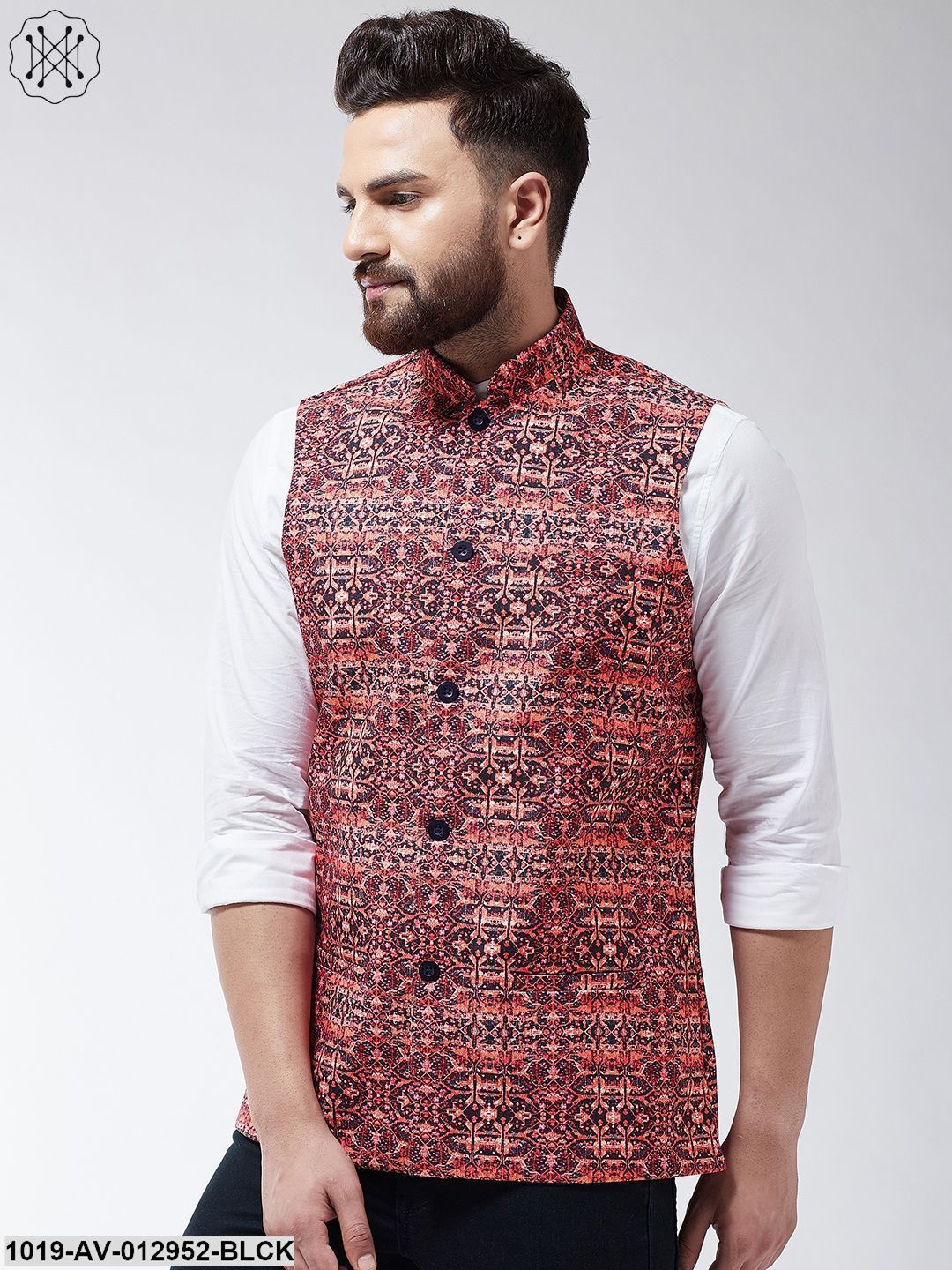 Men's Cotton Blend Black & Coral Printed Nehru Jacket