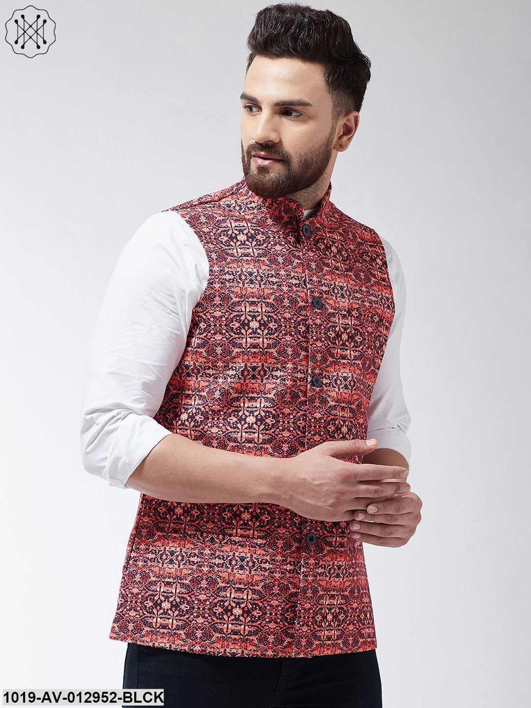 Men's Cotton Blend Black & Coral Printed Nehru Jacket