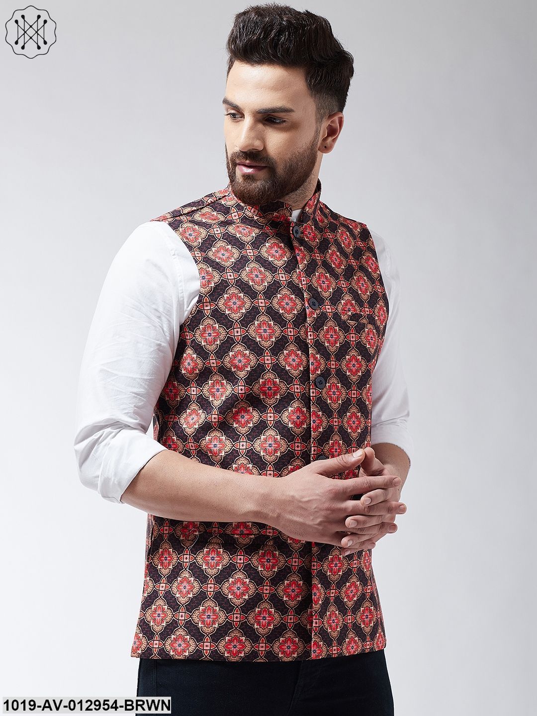 Men's Cotton Blend Coffee Brown & Multi Printed Nehru Jacket - Sojanya
