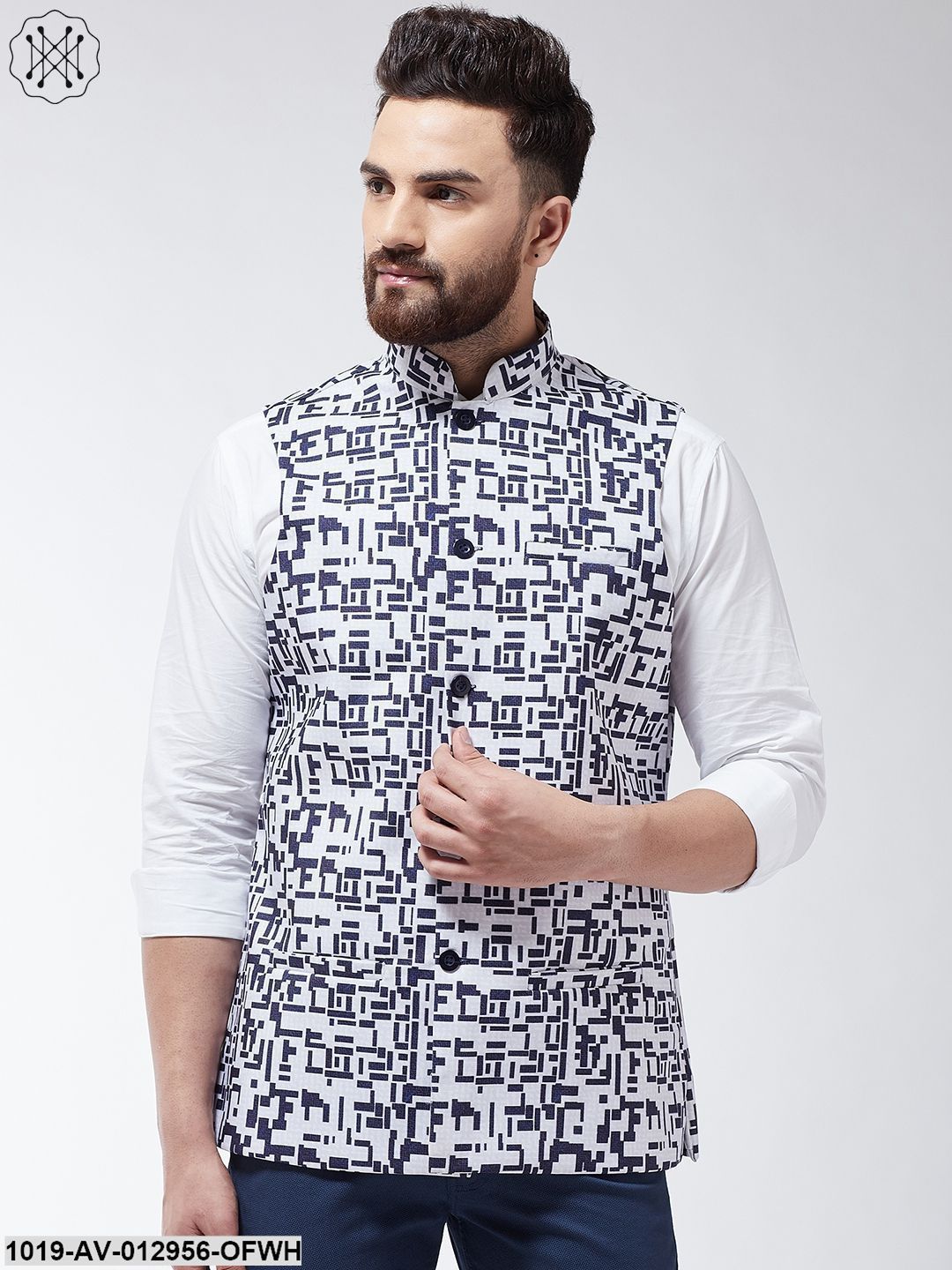 Men's Cotton Blend Off White & Navy Blue Printed Nehru Jacket