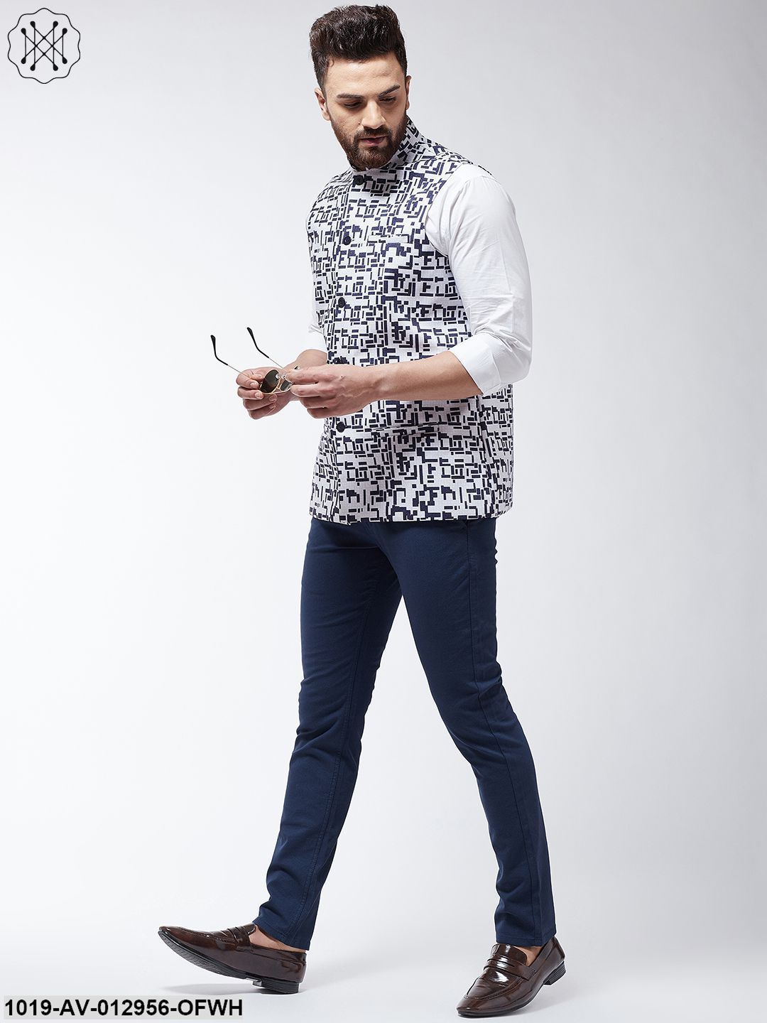 Men's Cotton Blend Off White & Navy Blue Printed Nehru Jacket