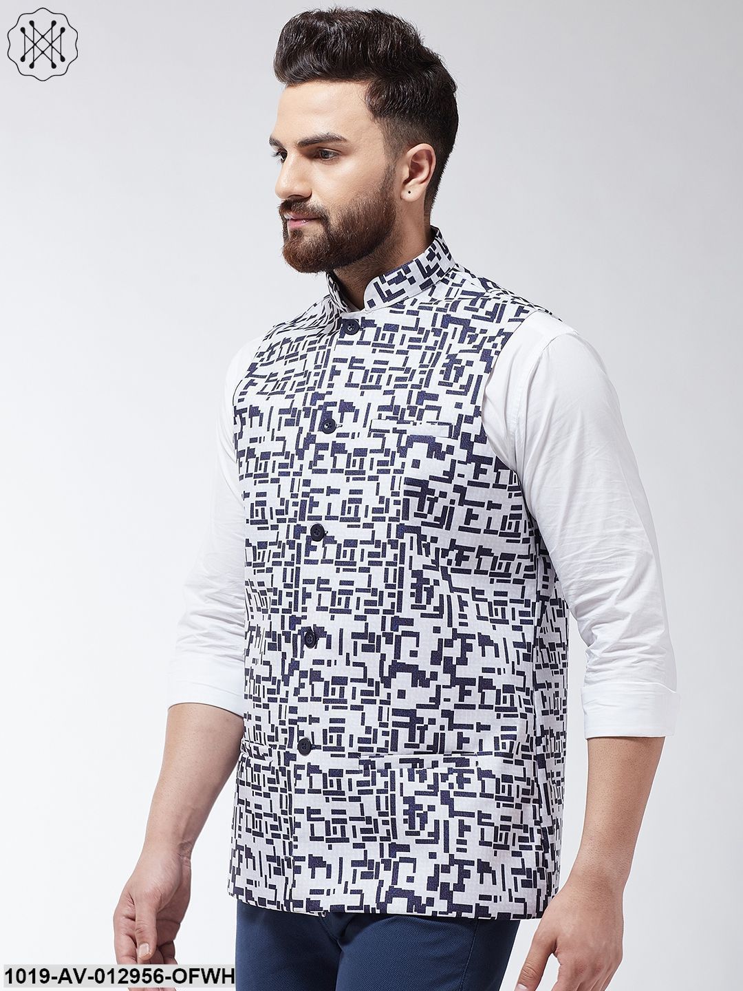 Men's Cotton Blend Off White & Navy Blue Printed Nehru Jacket