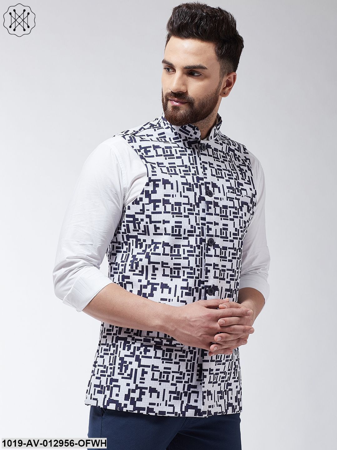 Men's Cotton Blend Off White & Navy Blue Printed Nehru Jacket